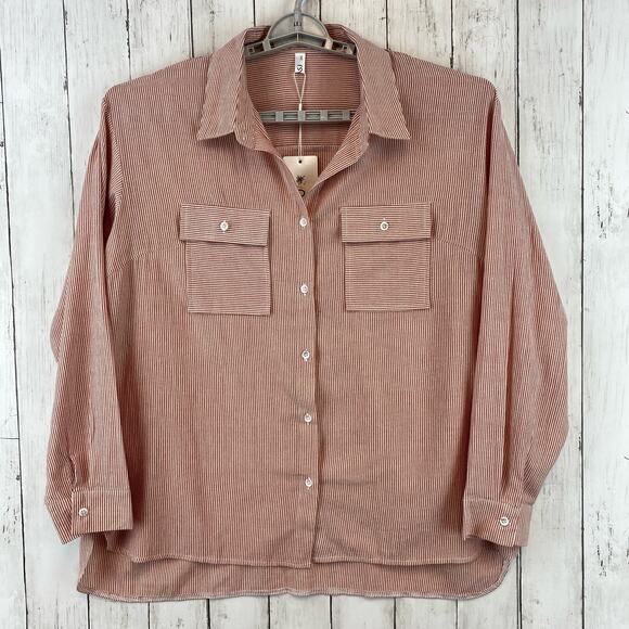 NWT OMSJ Red Seersucker Striped Button Down Front Pocket Shirt Plus Size 2XL - Picture 1 of 12